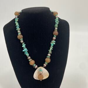Vintage brown Chinese carved, turquoise and shell necklace